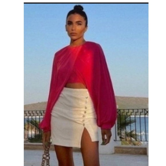 ZARA Bloggers Favorite Balloon Sleeve Crop Top Small Drapey Crossover Hot‎ Pink - Picture 1 of 9